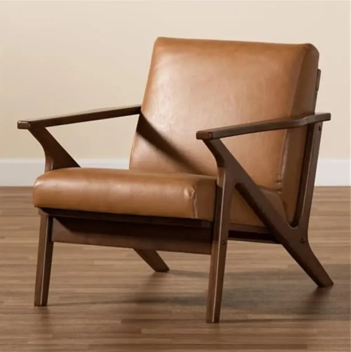 Baxton Studio Bianca Mid-Century Modern Walnut Brown Finished Wood and Tan Faux Leather Effect Lounge Chair