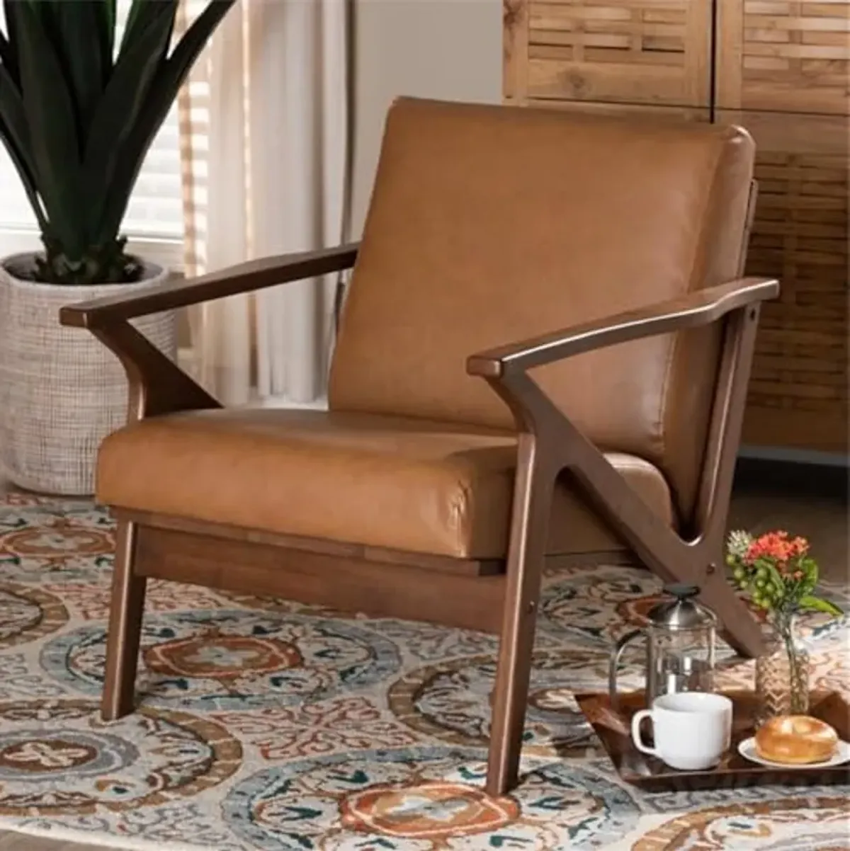 Baxton Studio Bianca Mid-Century Modern Walnut Brown Finished Wood and Tan Faux Leather Effect Lounge Chair