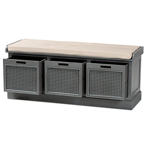 Baxton Studio Sheldon Beige Fabric and Gray Finished Wood Rattan 3-Drawer Bench