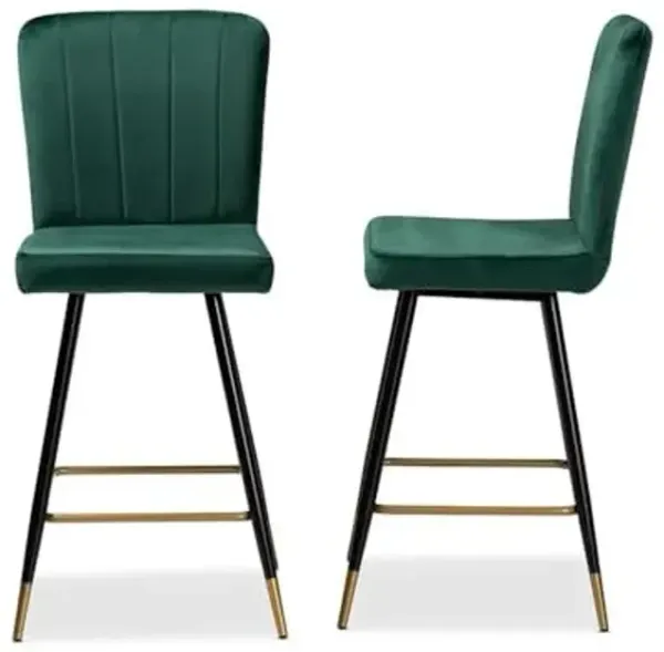 Baxton Studio Preston Modern Luxe and Glam Green Velvet Fabric Upholstered and Two-Tone Black and Gold Finished Metal 2-Piece Bar Stool Set