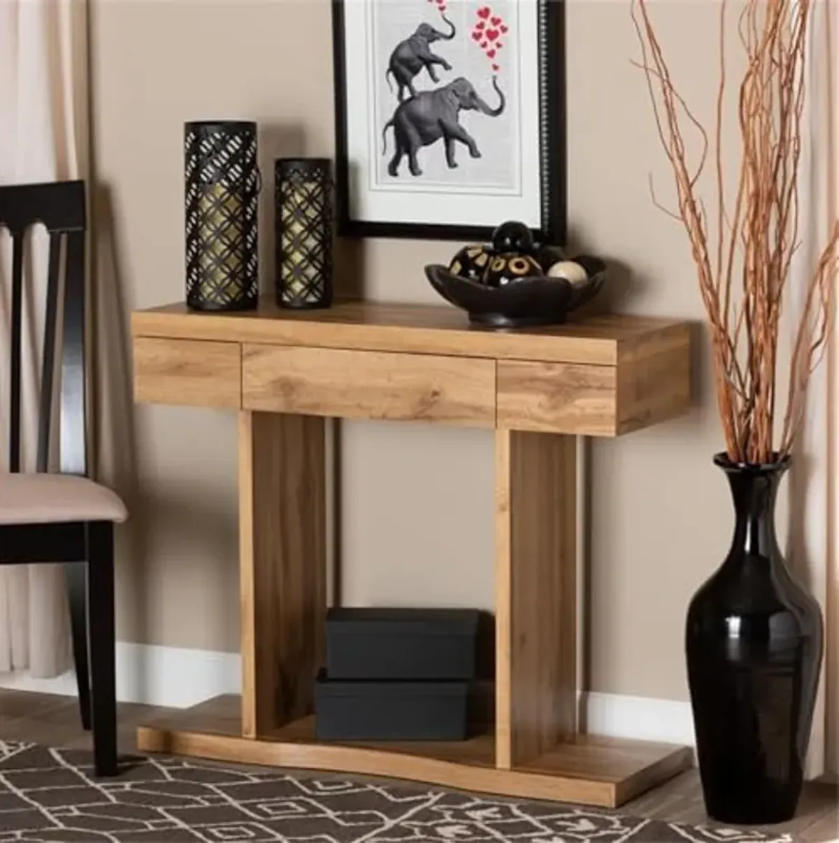 Baxton Studio Otis Modern and Contemporary Oak Brown Finished Wood 3-Drawer Console Table