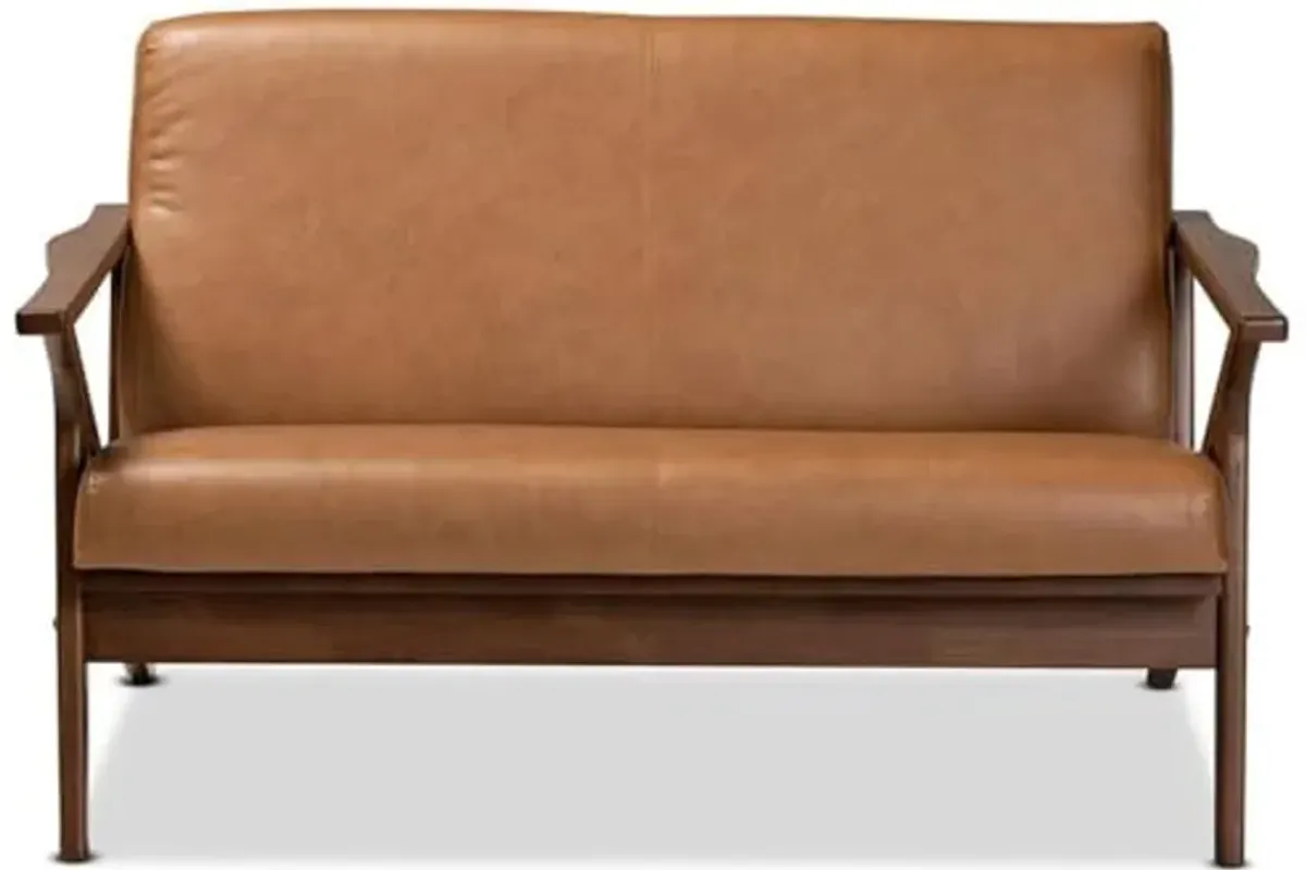 Baxton Studio Bianca Mid-Century Modern Walnut Brown Finished Wood and Tan Faux Leather Effect Loveseat