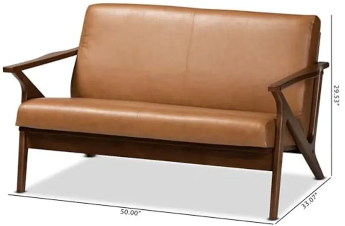 Baxton Studio Bianca Mid-Century Modern Walnut Brown Finished Wood and Tan Faux Leather Effect Loveseat