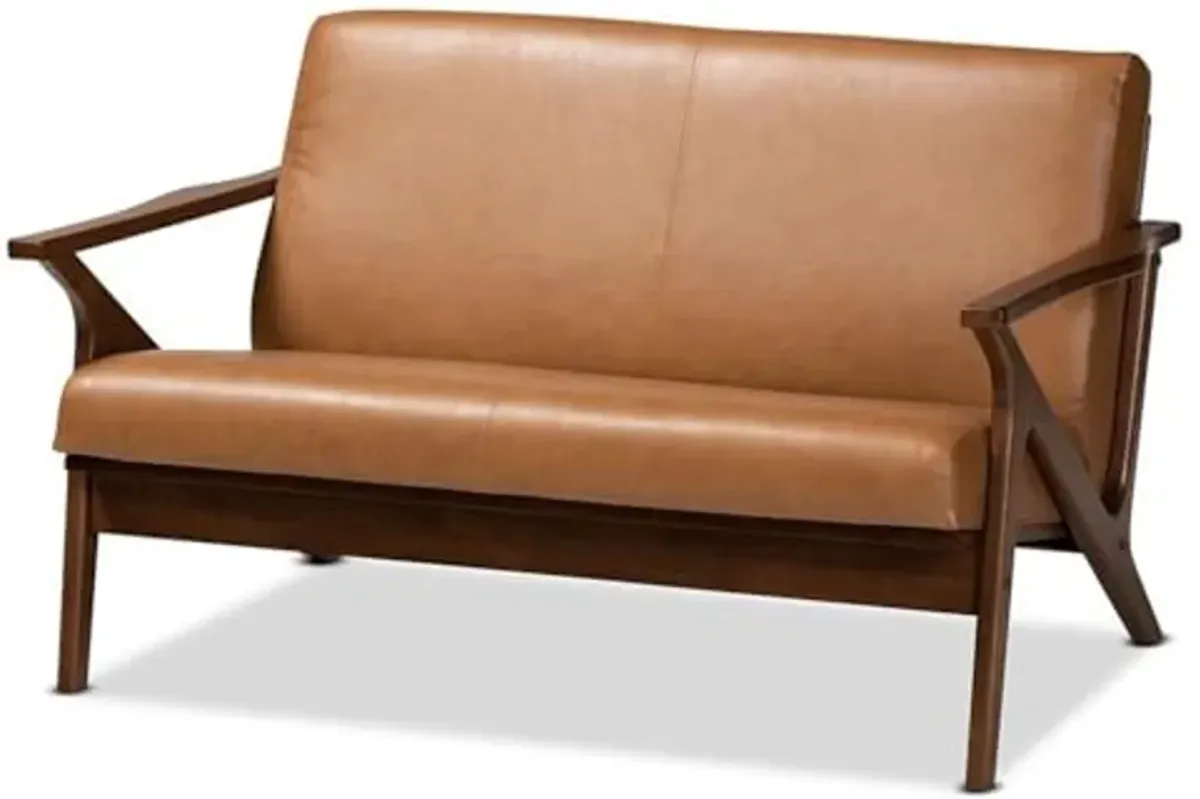 Baxton Studio Bianca Mid-Century Modern Walnut Brown Finished Wood and Tan Faux Leather Effect Loveseat