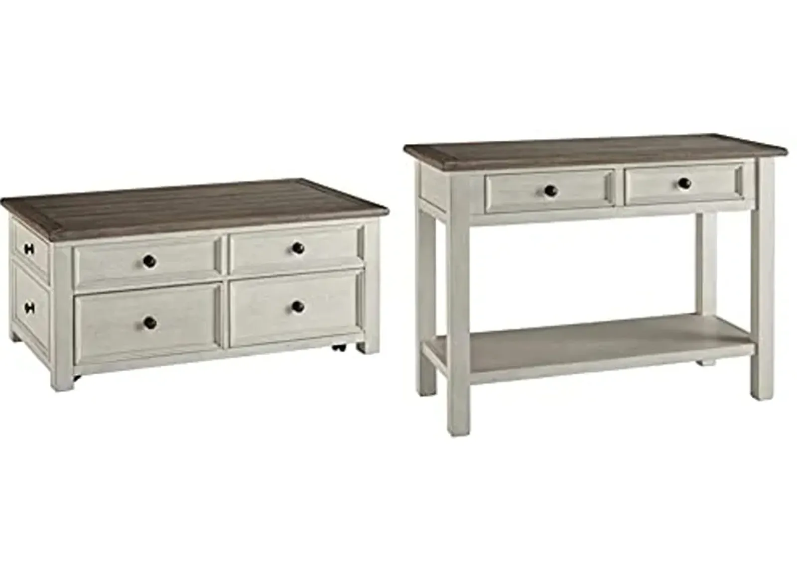 Signature Ashley Bolanburg Farmhouse Lift Top Coffee Table with Drawers and Rectangular Two Tone Sofa Table