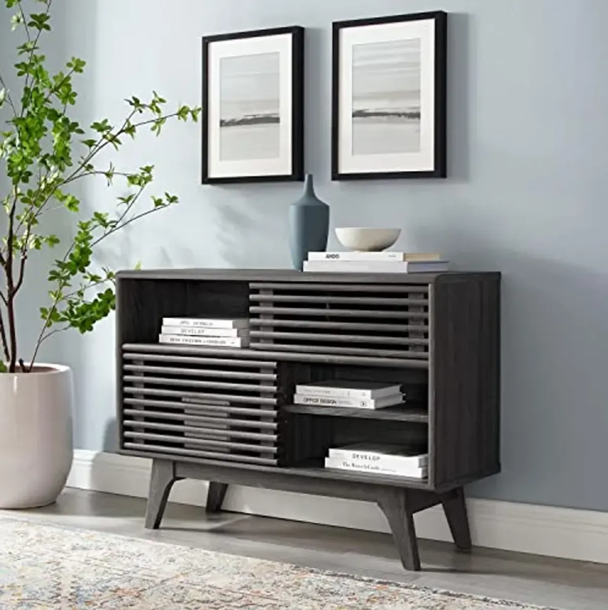 Modway Render Mid-Century Modern Two-Tier Display Stand in Charcoal