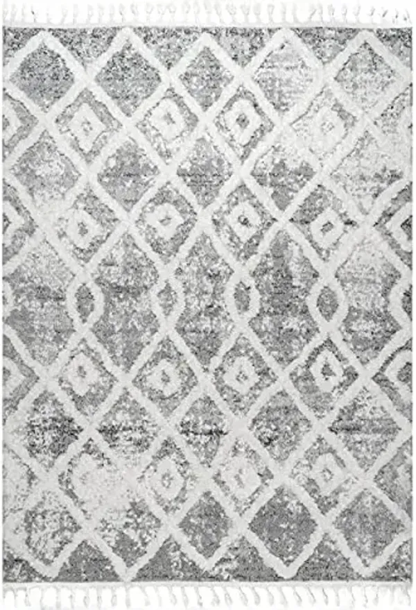 nuLOOM Sandra Diamond Trellis High Low Shaggy Tassel Area Rug, 6'7" x 9', Light Grey