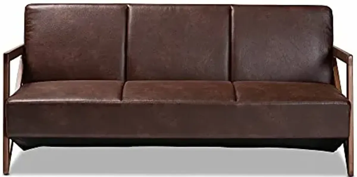 Baxton Studio Christa Mid-Century Modern Transitional Dark Brown Faux Leather Effect Fabric Upholstered and Walnut Brown Finished Wood Sofa