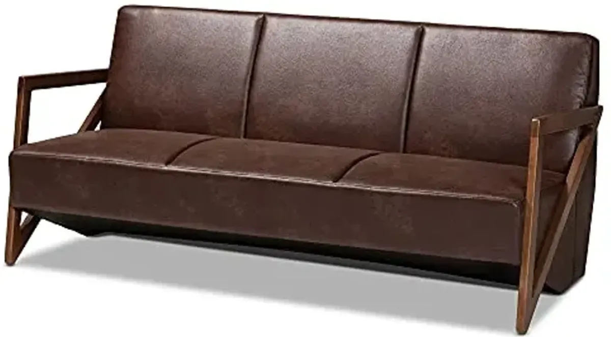Baxton Studio Christa Mid-Century Modern Transitional Dark Brown Faux Leather Effect Fabric Upholstered and Walnut Brown Finished Wood Sofa