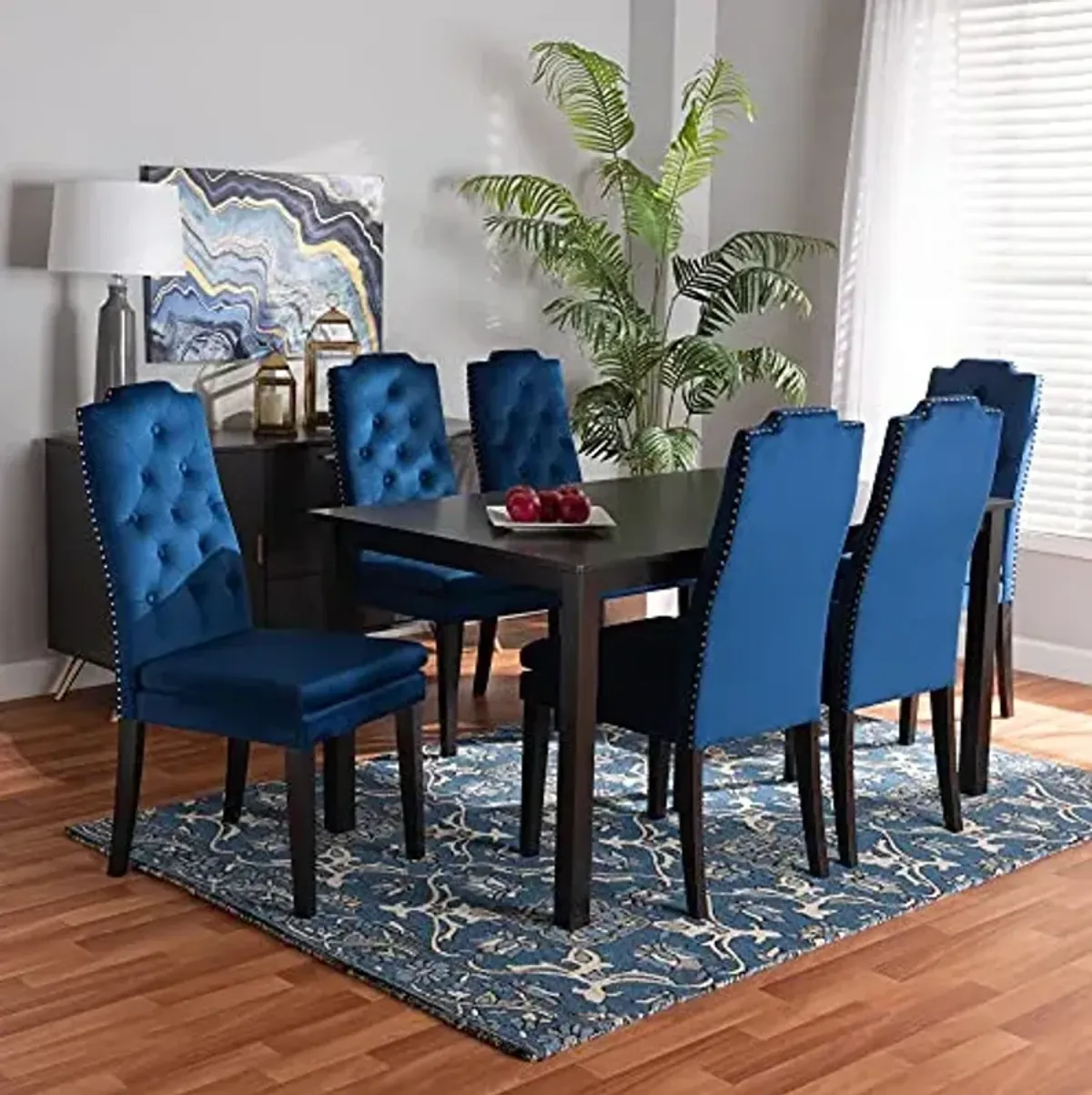 Baxton Studio Dylin Modern and Contemporary Navy Blue Velvet Fabric Upholstered and Dark Brown Finished Wood 7-Piece Dining Set