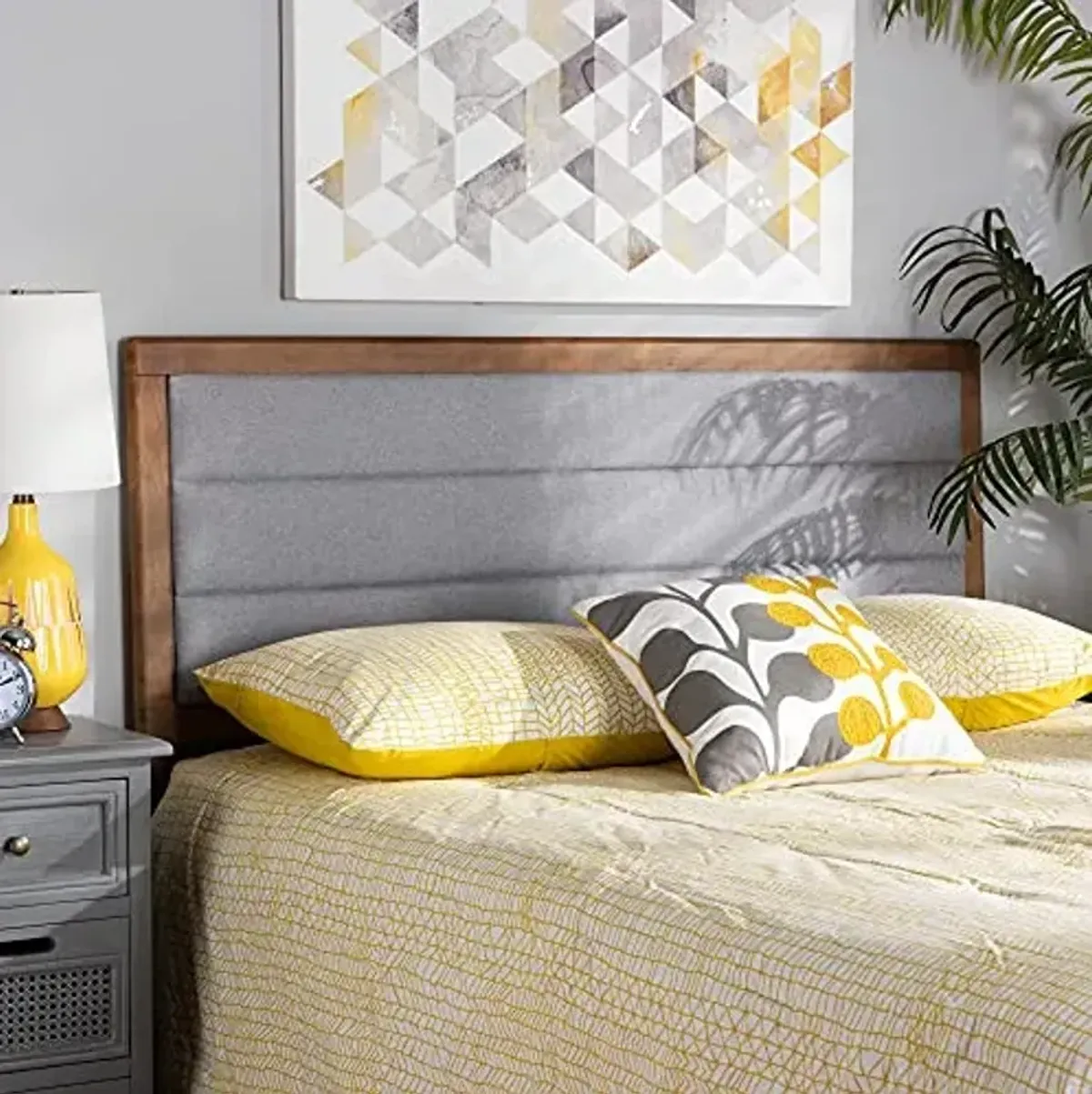Baxton Studio Dexter Modern and Contemporary Light Grey Fabric Upholstered and Walnut Brown Finished Wood Queen Size Headboard