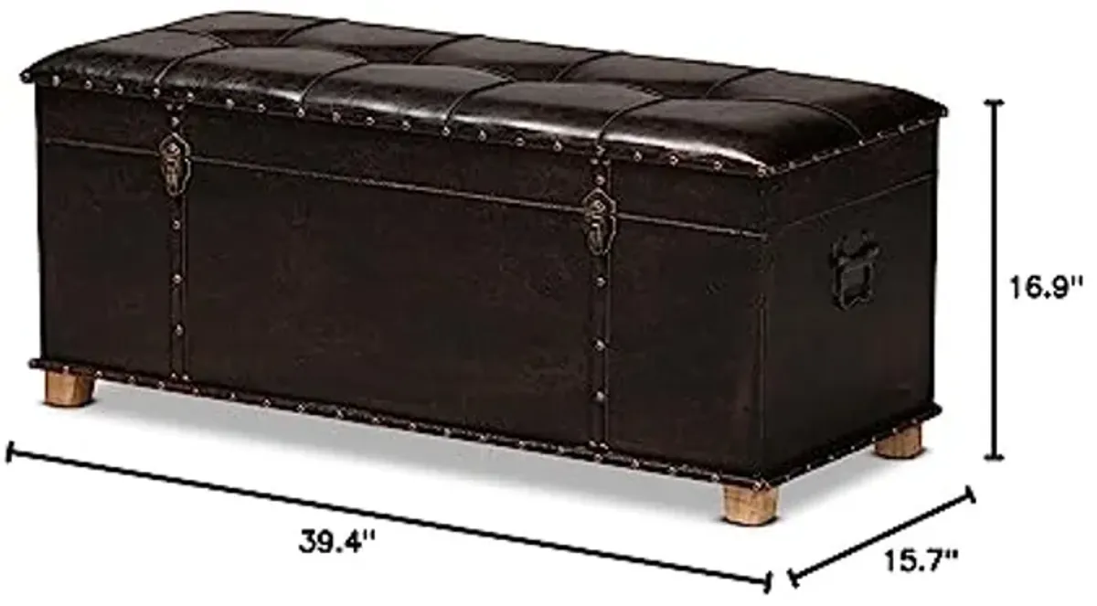 Baxton Studio Janna Rustic Transitional Dark Brown Faux Leather Upholstered and Oak Brown Finished Wood Storage Ottoman