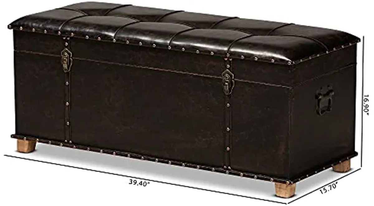 Baxton Studio Janna Rustic Transitional Dark Brown Faux Leather Upholstered and Oak Brown Finished Wood Storage Ottoman