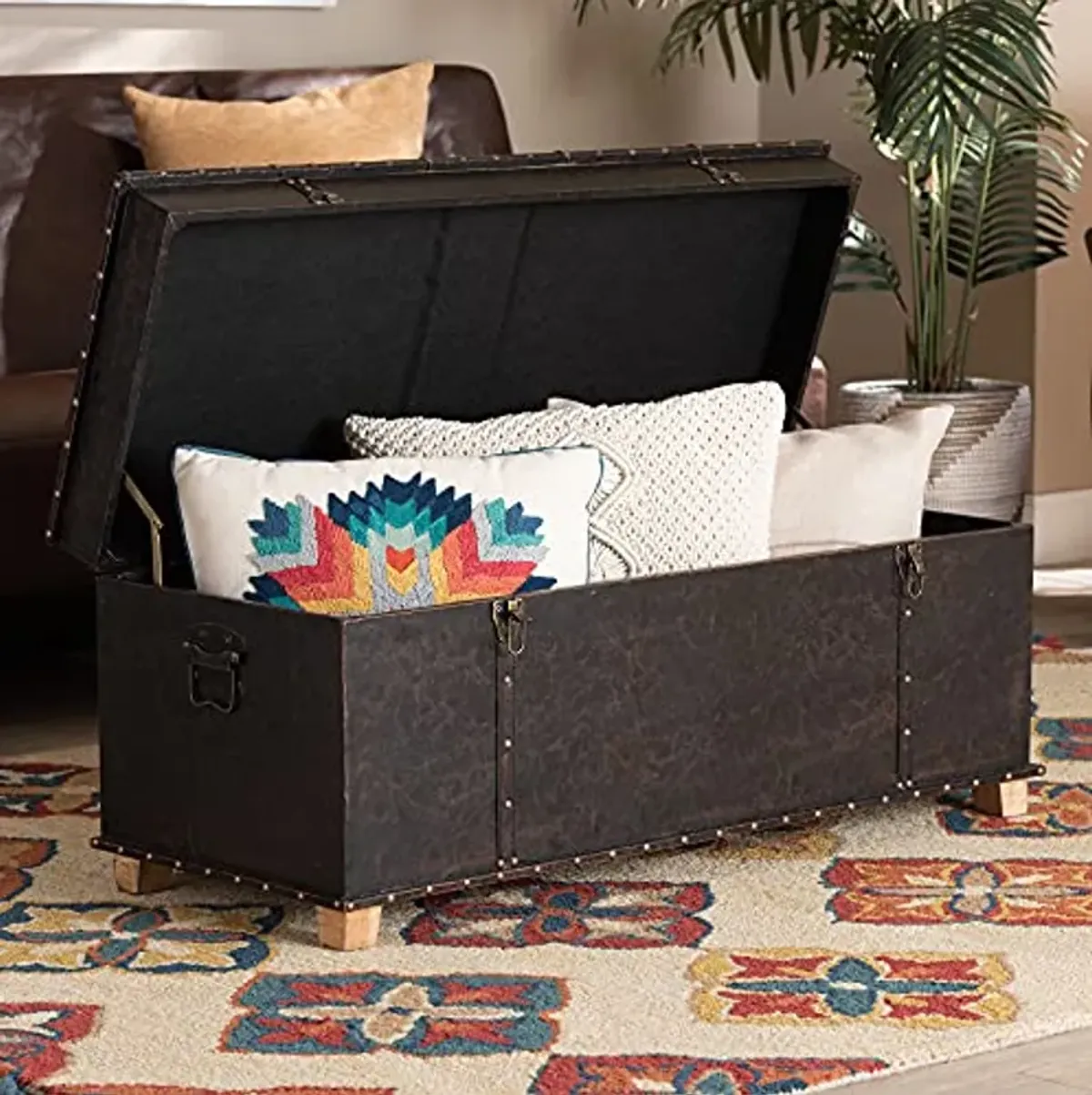 Baxton Studio Janna Rustic Transitional Dark Brown Faux Leather Upholstered and Oak Brown Finished Wood Storage Ottoman