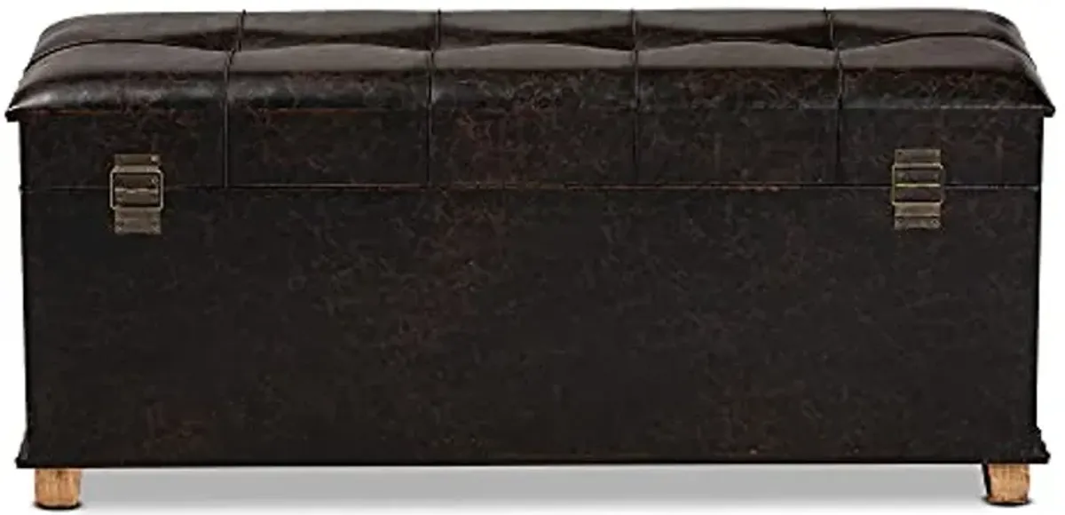 Baxton Studio Janna Rustic Transitional Dark Brown Faux Leather Upholstered and Oak Brown Finished Wood Storage Ottoman