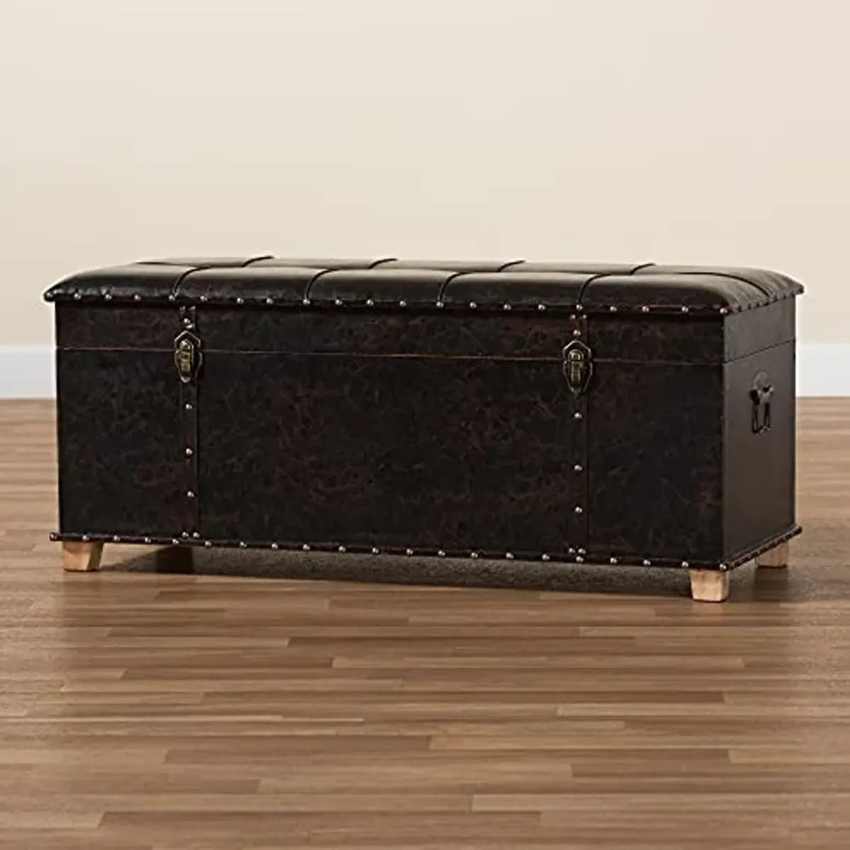 Baxton Studio Janna Rustic Transitional Dark Brown Faux Leather Upholstered and Oak Brown Finished Wood Storage Ottoman