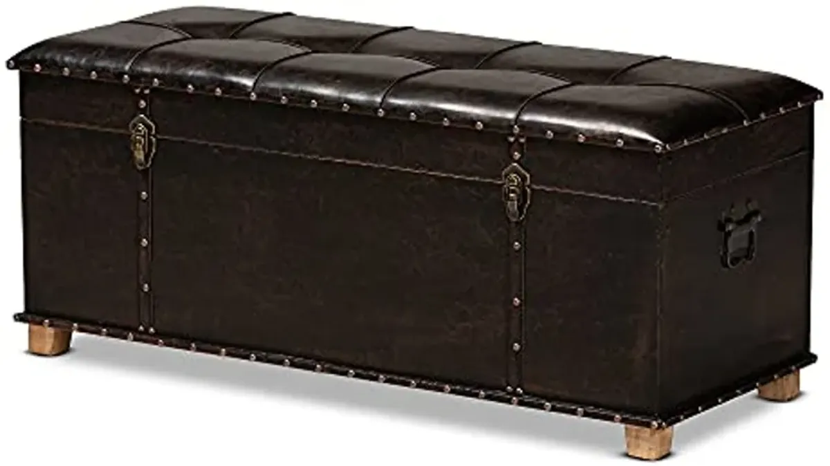 Baxton Studio Janna Rustic Transitional Dark Brown Faux Leather Upholstered and Oak Brown Finished Wood Storage Ottoman