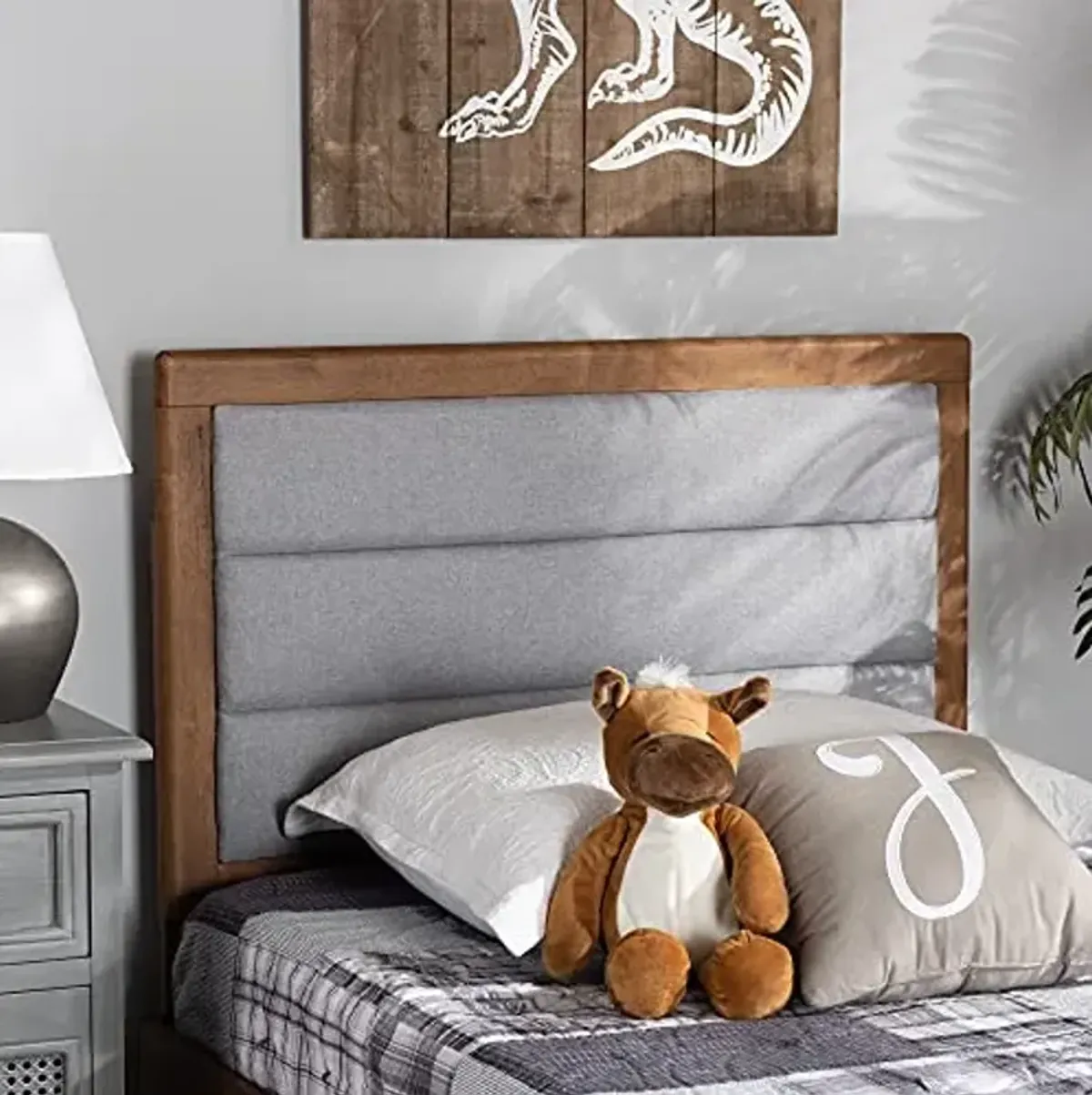 Baxton Studio Dexter Modern and Contemporary Light Grey Fabric Upholstered and Walnut Brown Finished Wood Twin Size Headboard