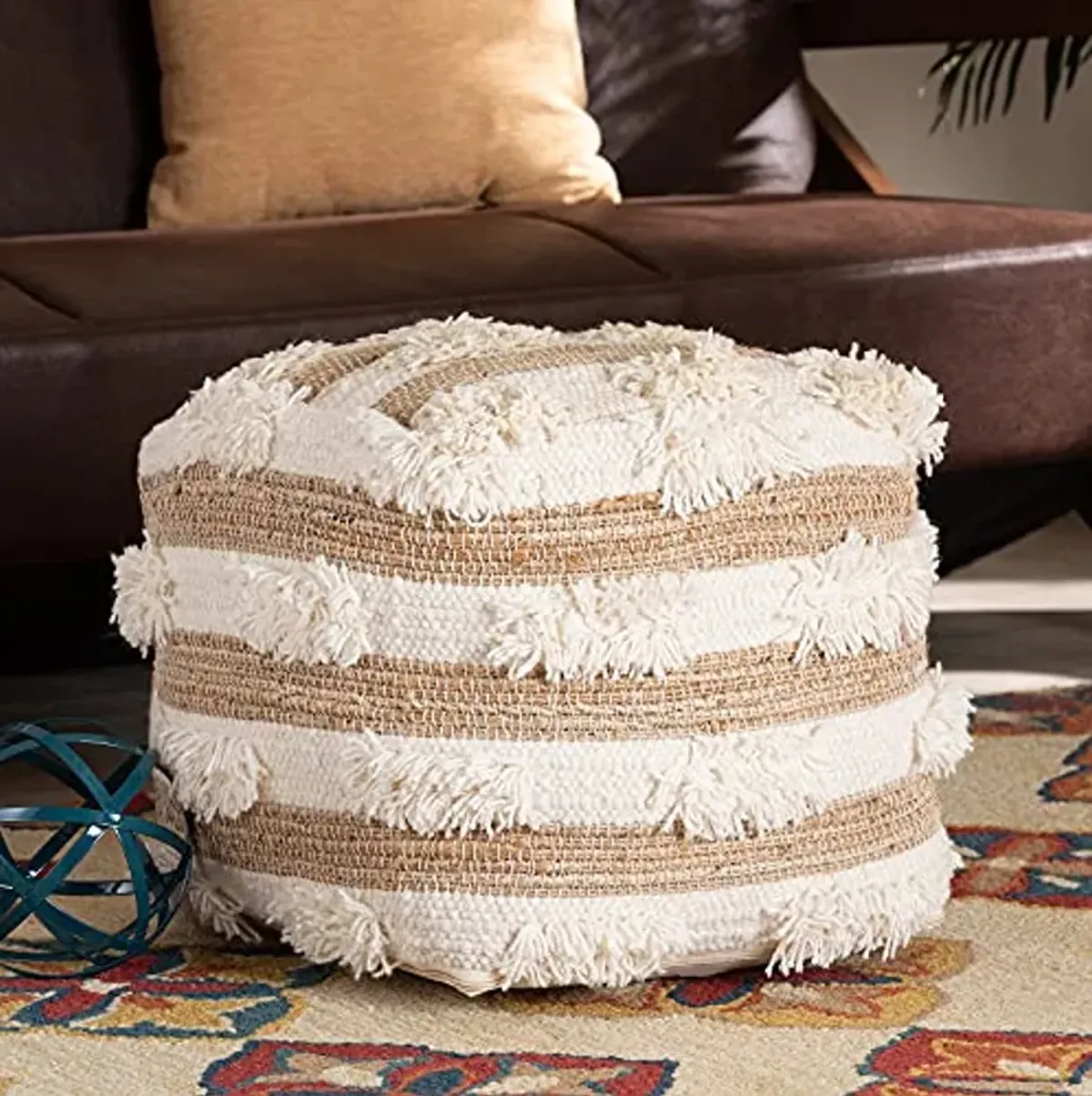 Baxton Studio Basque Modern and Contemporary Moroccan Inspired Natural and Ivory Handwoven Wool Blend Pouf Ottoman