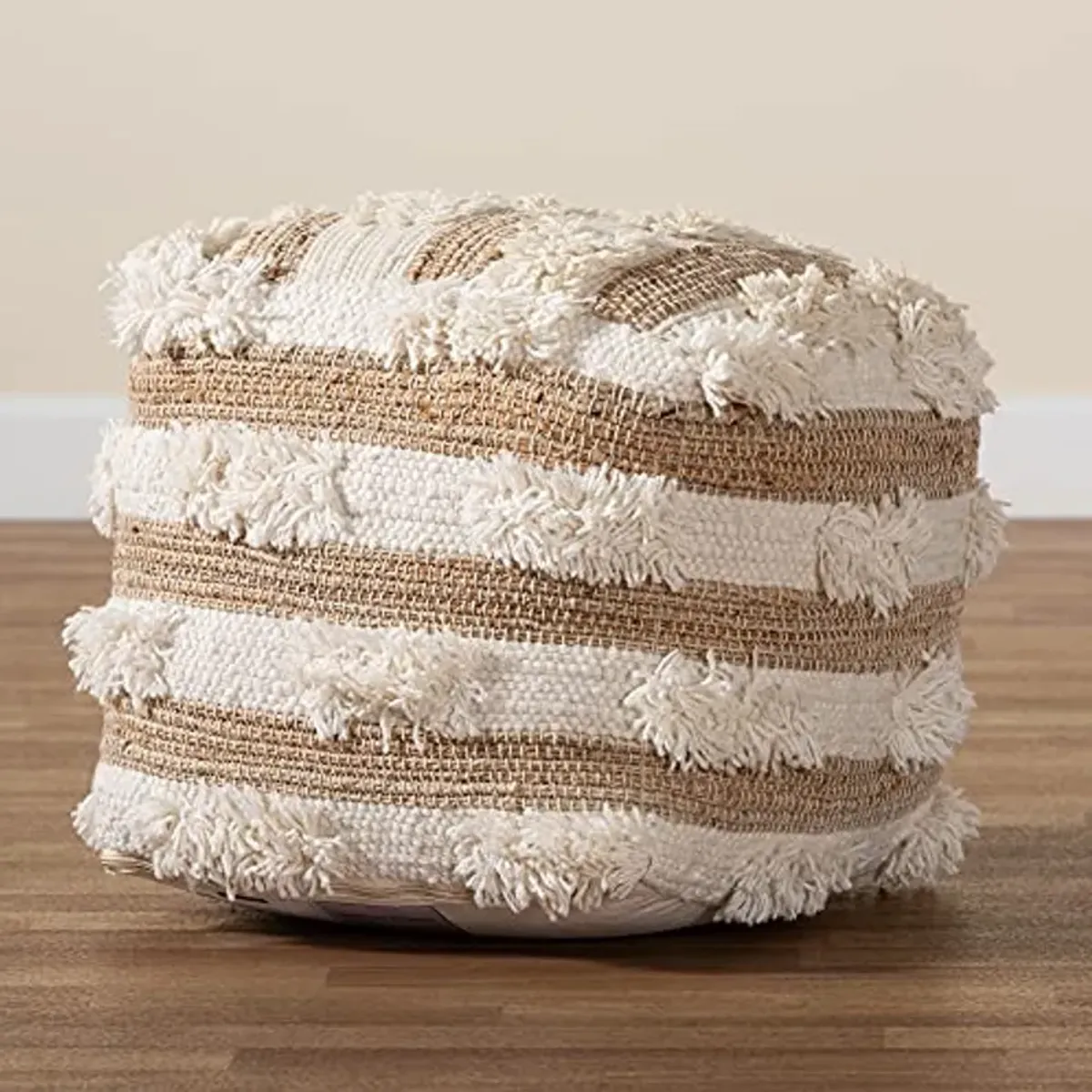 Baxton Studio Basque Modern and Contemporary Moroccan Inspired Natural and Ivory Handwoven Wool Blend Pouf Ottoman