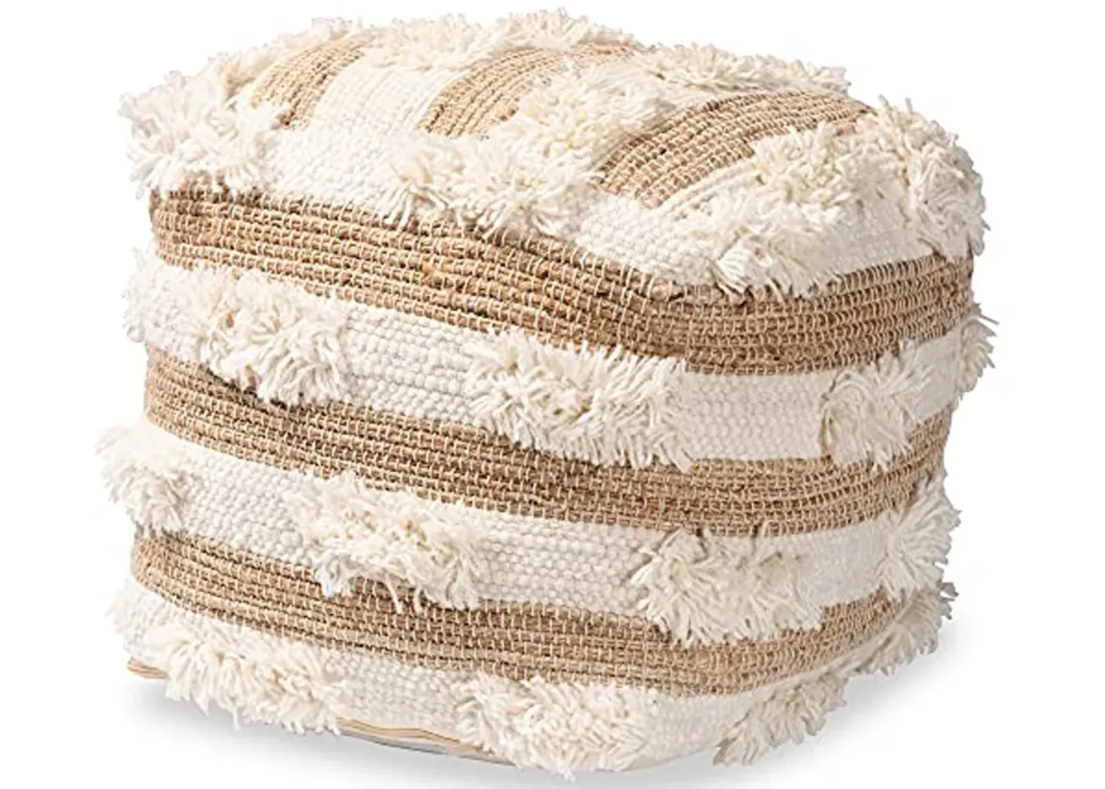 Baxton Studio Basque Modern and Contemporary Moroccan Inspired Natural and Ivory Handwoven Wool Blend Pouf Ottoman