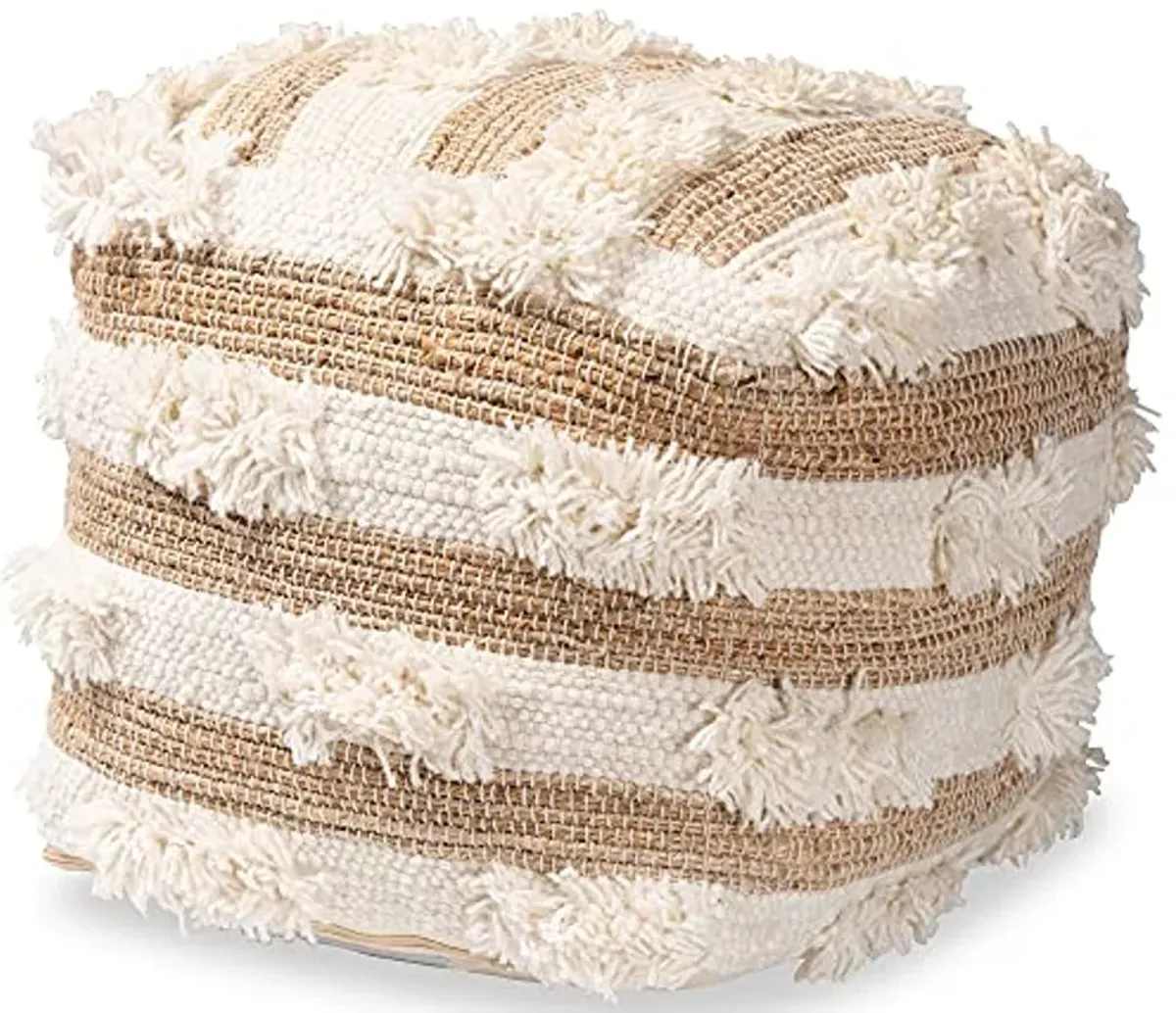 Baxton Studio Basque Modern and Contemporary Moroccan Inspired Natural and Ivory Handwoven Wool Blend Pouf Ottoman