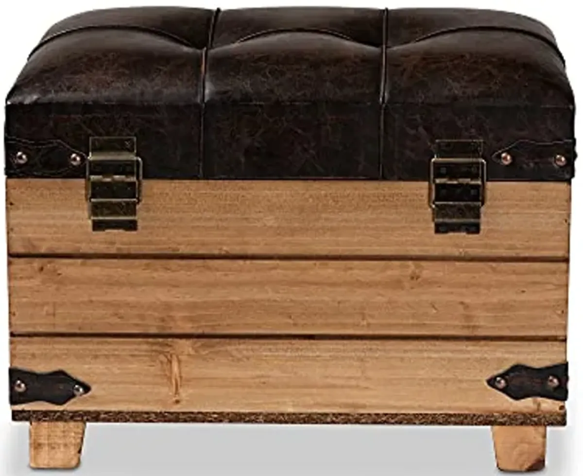 Baxton Studio Edmund Rustic Transitional Dark Brown Faux Leather Upholstered and Oak Brown Finished Wood Storage Ottoman