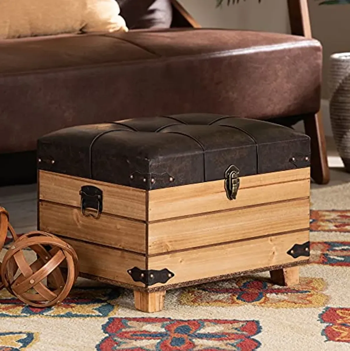 Baxton Studio Edmund Rustic Transitional Dark Brown Faux Leather Upholstered and Oak Brown Finished Wood Storage Ottoman