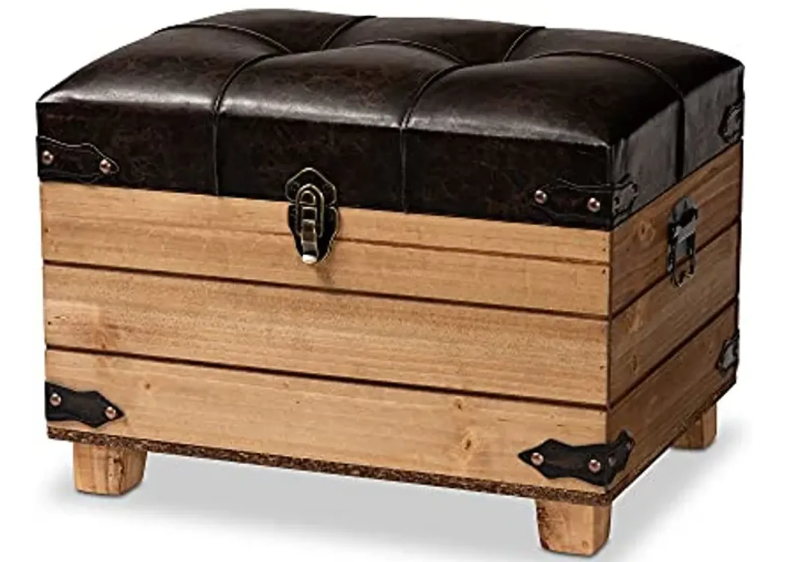 Baxton Studio Edmund Rustic Transitional Dark Brown Faux Leather Upholstered and Oak Brown Finished Wood Storage Ottoman