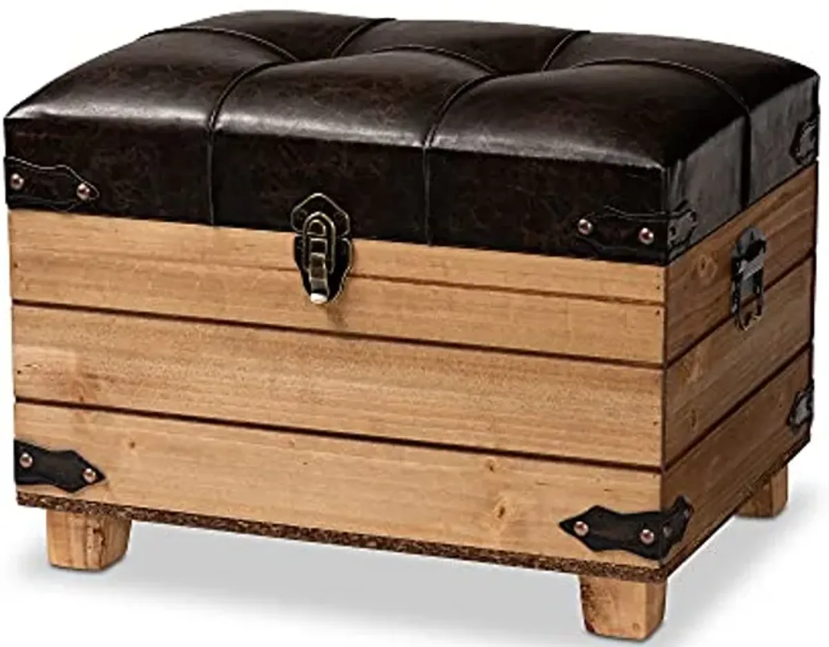 Baxton Studio Edmund Rustic Transitional Dark Brown Faux Leather Upholstered and Oak Brown Finished Wood Storage Ottoman