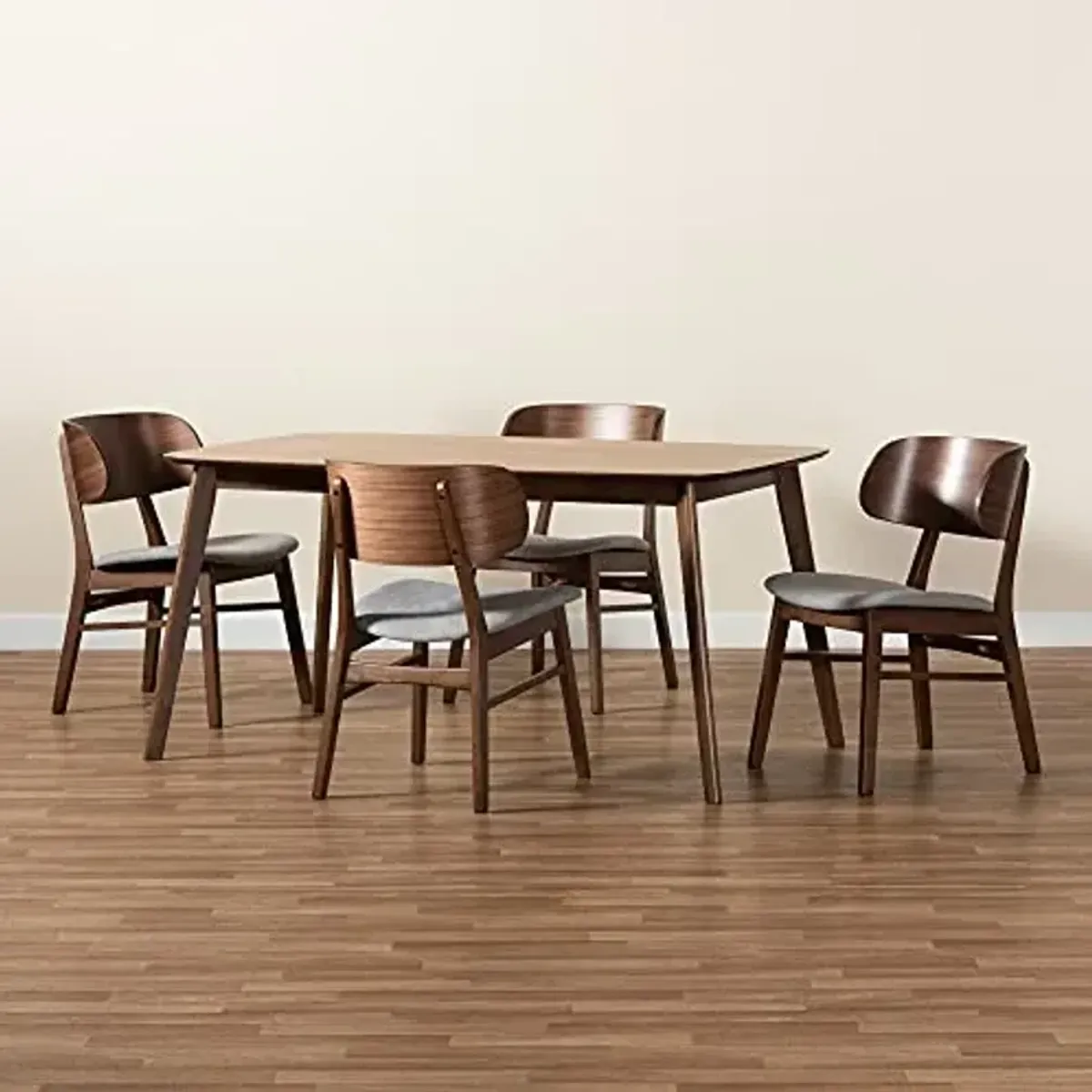 Baxton Studio Alston Dining Set Dining Set Grey Fabric Upholstered and Walnut Brown Finished Wood 5-Piece Dining Set