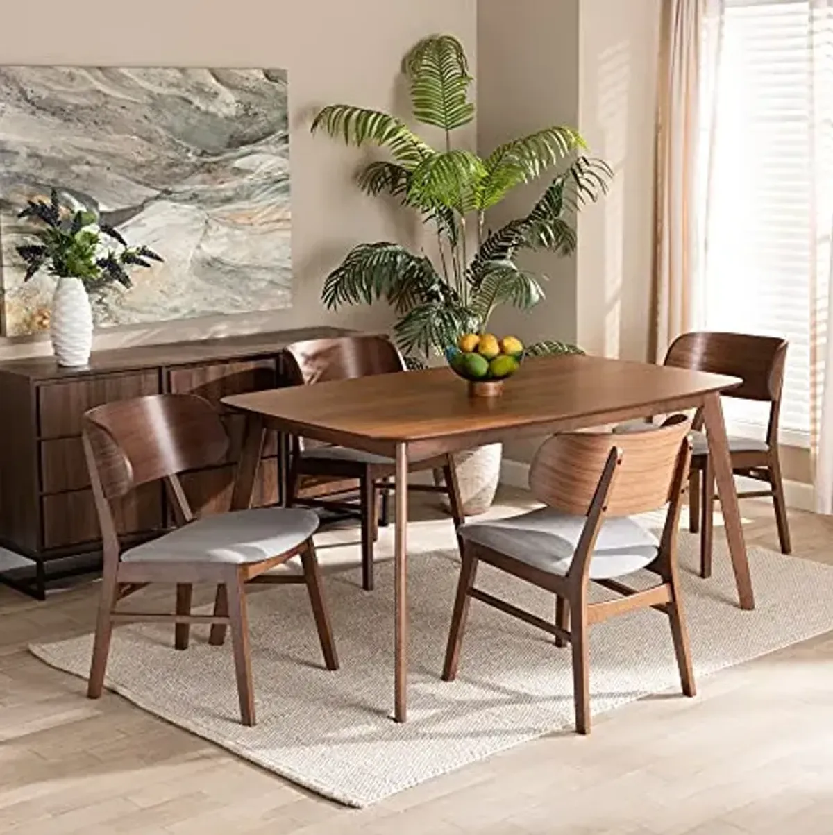 Baxton Studio Alston Dining Set Dining Set Grey Fabric Upholstered and Walnut Brown Finished Wood 5-Piece Dining Set