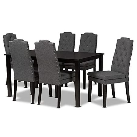 Baxton Studio Dylin Dining Set and Dining Set Dark Grey Fabric Upholstered and Dark Brown Finished Wood 7-Piece Dining Set