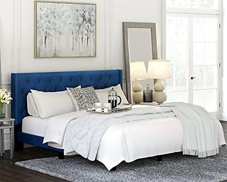 Signature Design by Ashley Vintasso Low Profile Tufted Upholstered Bed Frame, King, Blue