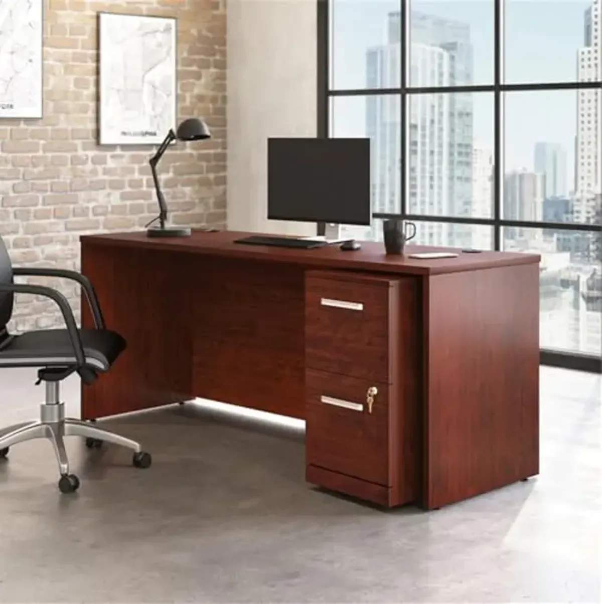 OfficeWorks by Sauder Affirm 72" x 24" 2-File Single Ped Desk, L: 71.10" x W: 23.47" x H: 29.29", Classic Cherry finish