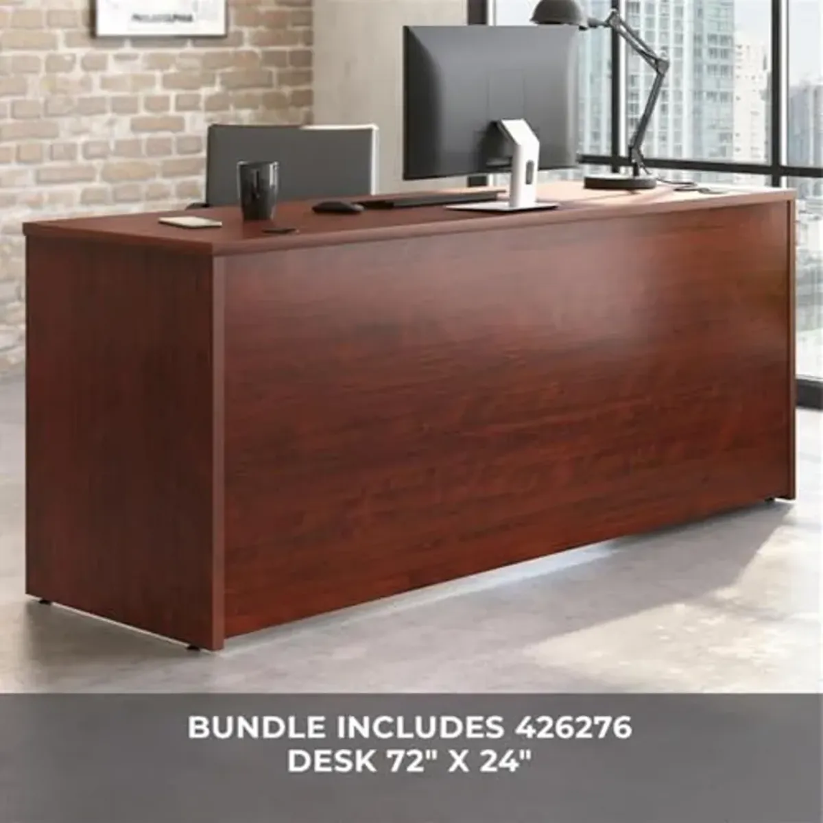 OfficeWorks by Sauder Affirm 72'' x 24'' 2-File Single Ped Desk, L: 71.10'' x W: 23.47'' x H: 29.29'', Classic Cherry Finish