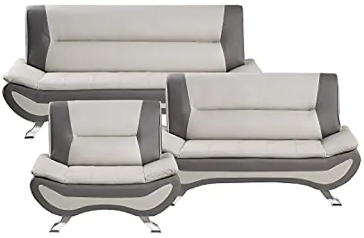 Lexicon Arques Two Tone Faux Leather 3-Piece Living Room Sofa Set, Beige and Gray