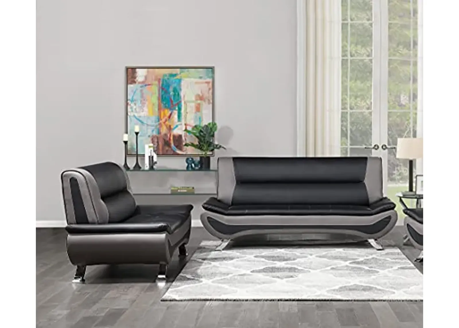 Lexicon Arques Two Tone Faux Leather 2-Piece Living Room Sofa Set, Black and Gray