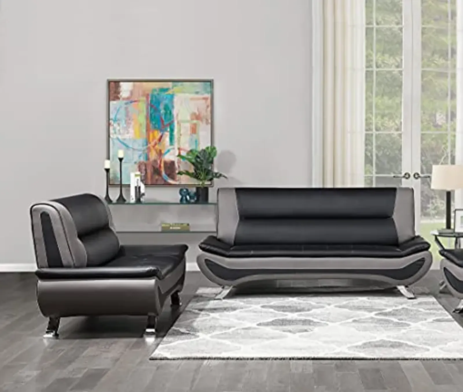 Lexicon Arques Two Tone Faux Leather 2-Piece Living Room Sofa Set, Black and Gray