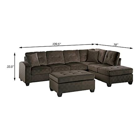 Lexicon Lewis 3-Piece Velvet Fabric Tufted Reversible Sectional with Ottoman Set, Chocolate