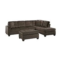 Lexicon Lewis 3-Piece Velvet Fabric Tufted Reversible Sectional with Ottoman Set, Chocolate