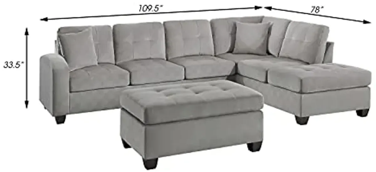 Lexicon Lewis 3-Piece Velvet Fabric Tufted Reversible Sectional with Ottoman Set, Taupe