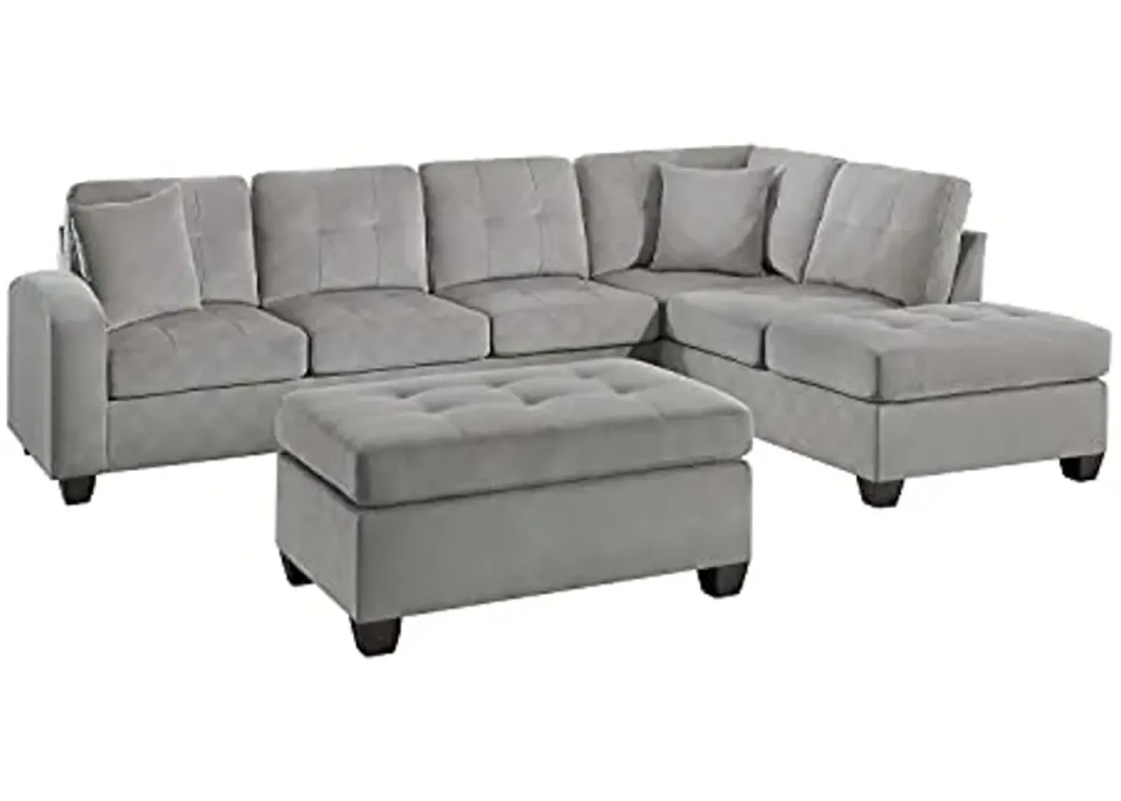 Lexicon Lewis 3-Piece Velvet Fabric Tufted Reversible Sectional with Ottoman Set, Taupe