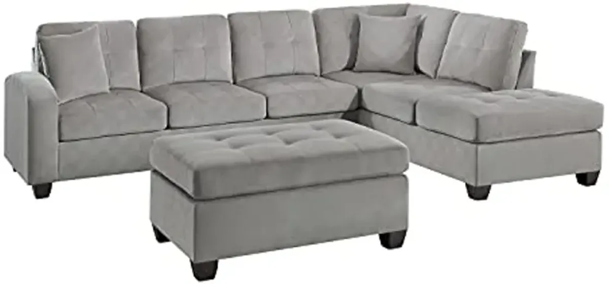 Lexicon Lewis 3-Piece Velvet Fabric Tufted Reversible Sectional with Ottoman Set, Taupe