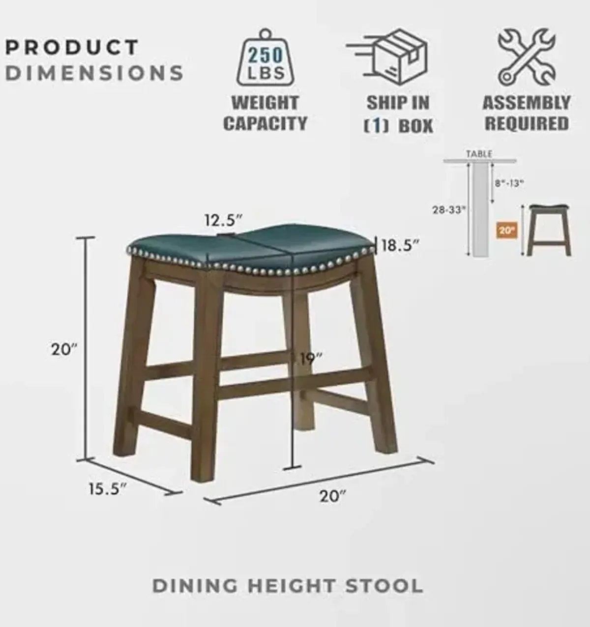 Lexicon Alviso Solid Wood Stools, 20-Inch Dining Height Upholstered Padded Saddle Dining Stools, Faux Leather, Easy Assembly Narrow Solid Wood Frame, Nickel Nailhead, Modern Rustic - Green