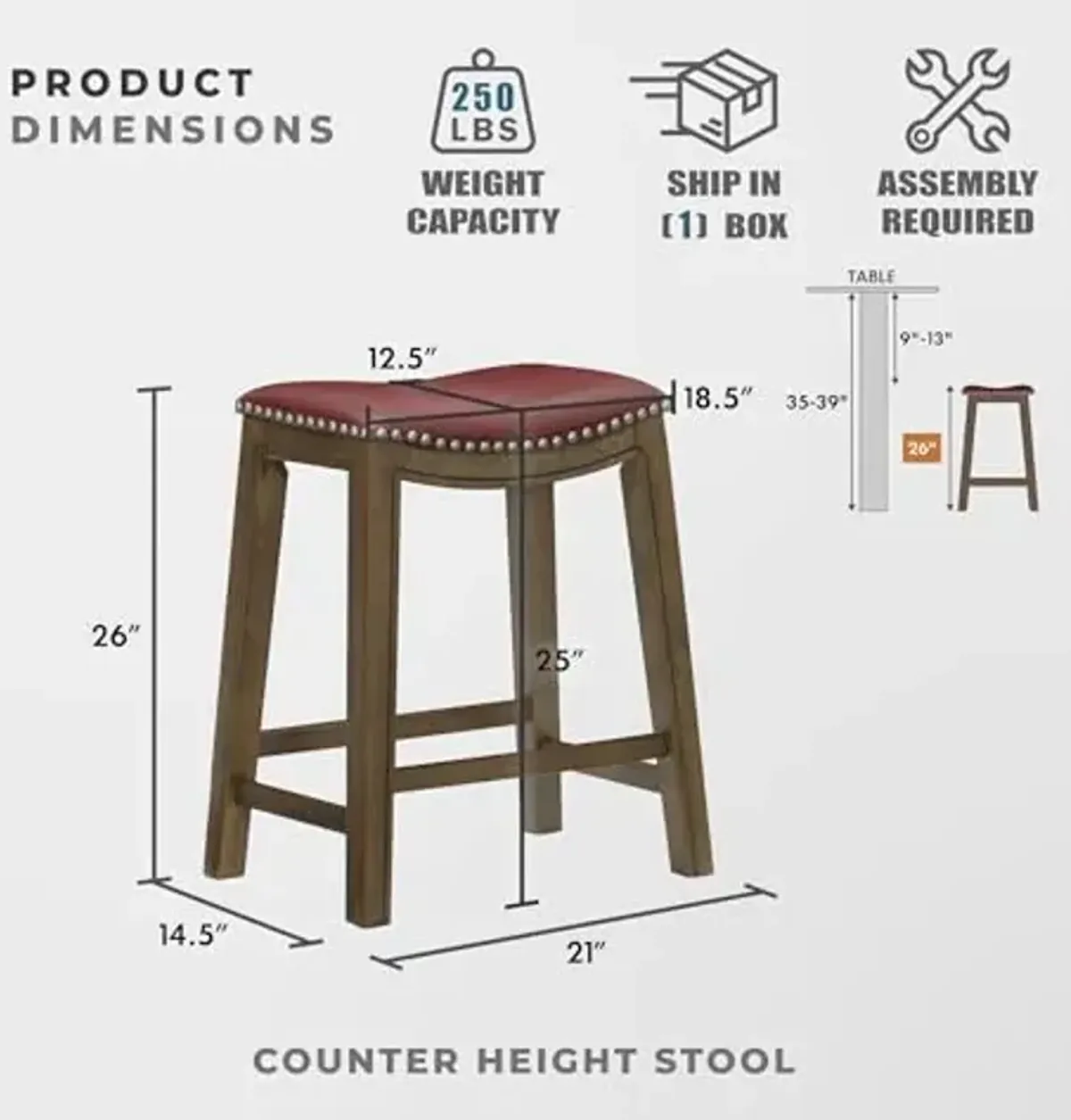 Lexicon Alviso Solid Wood Stools, 26-Inch Counter Height Upholstered Padded Saddle Counter Stools, Faux Leather, Easy Assembly Narrow Solid Wood Frame, Nickel Nailhead, Modern Rustic - Red