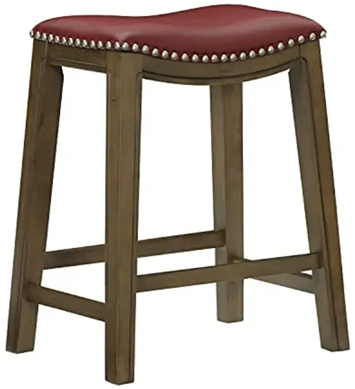 Lexicon Alviso Solid Wood Stools, 26-Inch Counter Height Upholstered Padded Saddle Counter Stools, Faux Leather, Easy Assembly Narrow Solid Wood Frame, Nickel Nailhead, Modern Rustic - Red