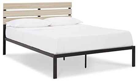 Signature Design by Ashley Waylowe Modern Two-Toned Platform Bed with Headboard, Metal Frame & Slat Foundation, Queen, Black & Light Brown