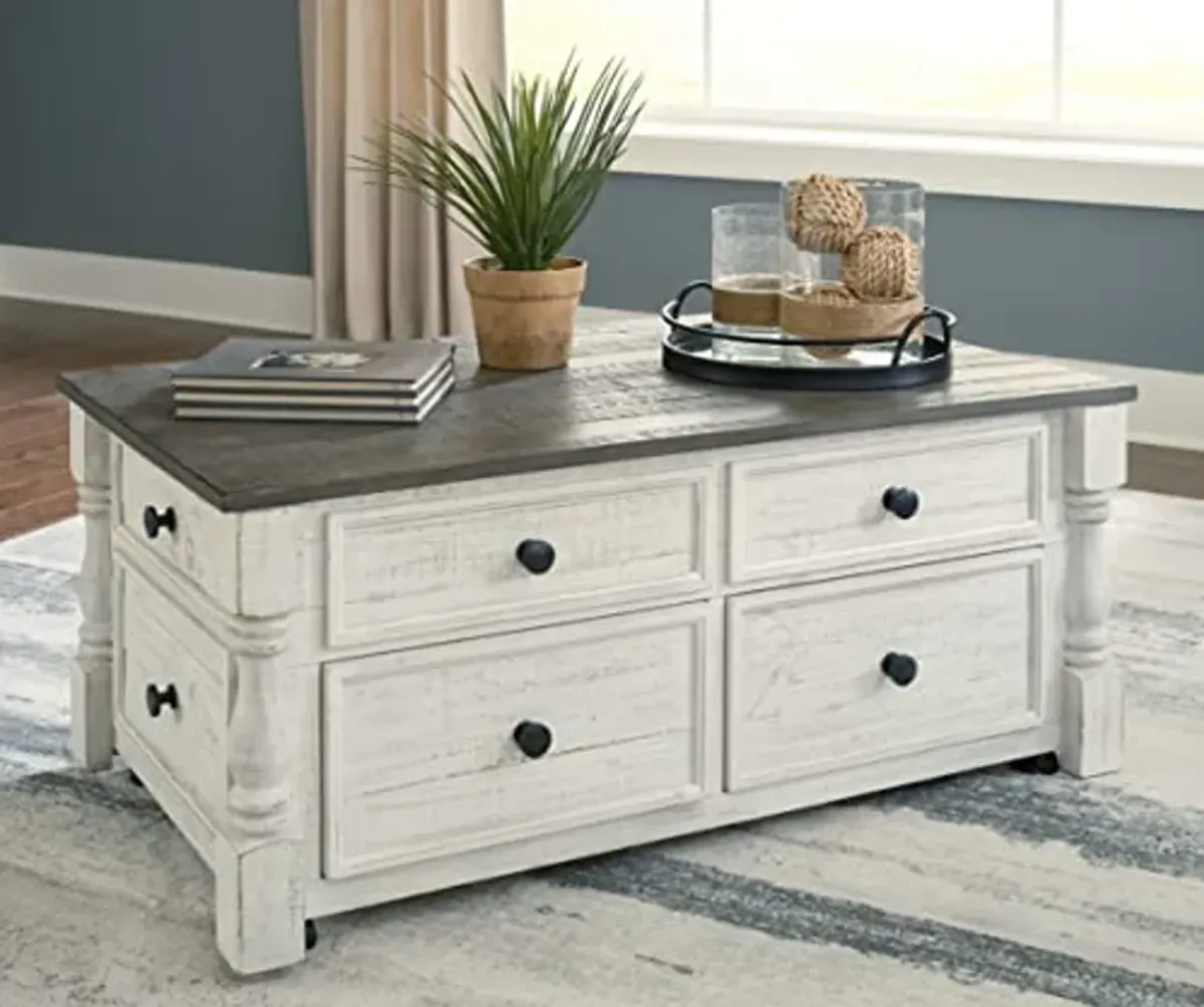 Signature Design by Ashley Havalance Farmhouse Lift Top Coffee Table with 4 Storage Drawers and Small Storage Tray, Whitewash