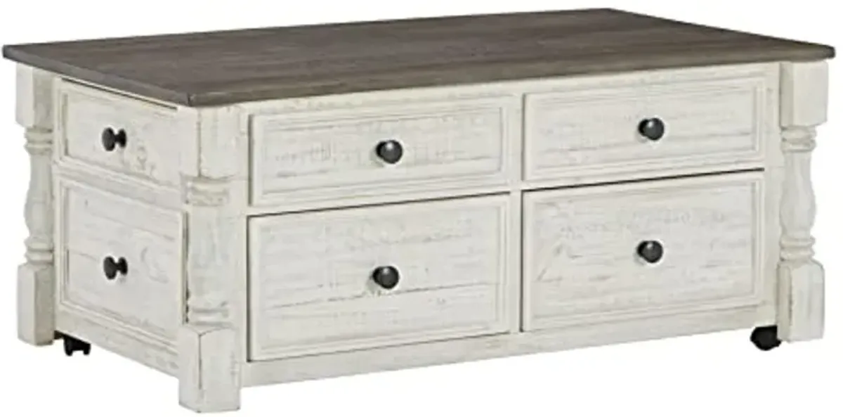 Signature Design by Ashley Havalance Farmhouse Lift Top Coffee Table with 4 Storage Drawers and Small Storage Tray, Whitewash